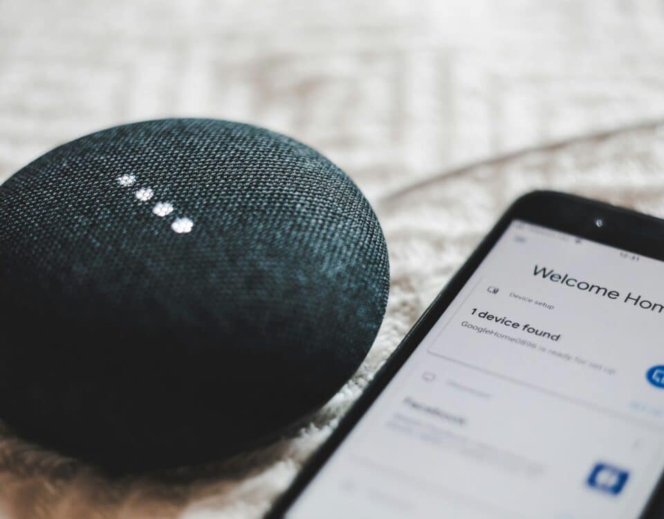 Turned-on charcoal Google Home Mini and smartphone photo