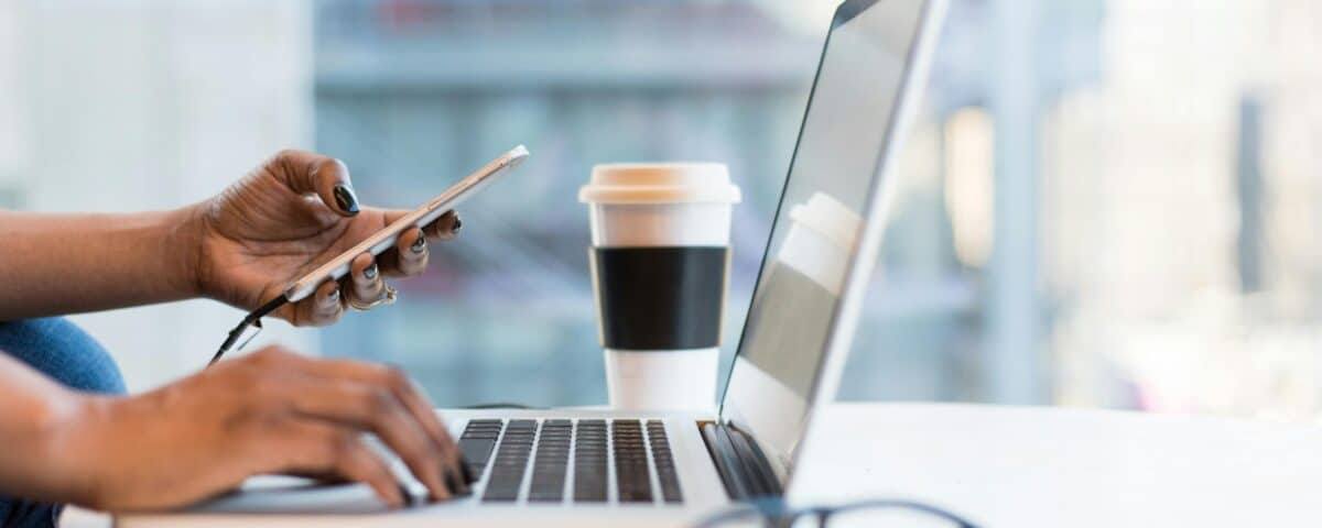 Free laptop on table top stock photo