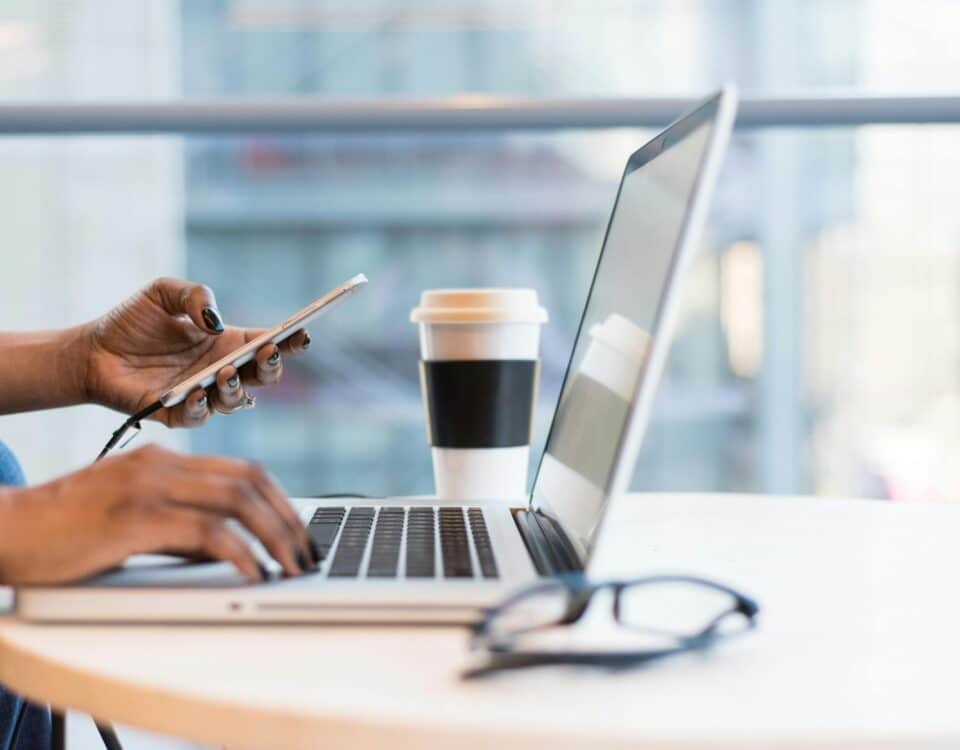 Free laptop on table top stock photo